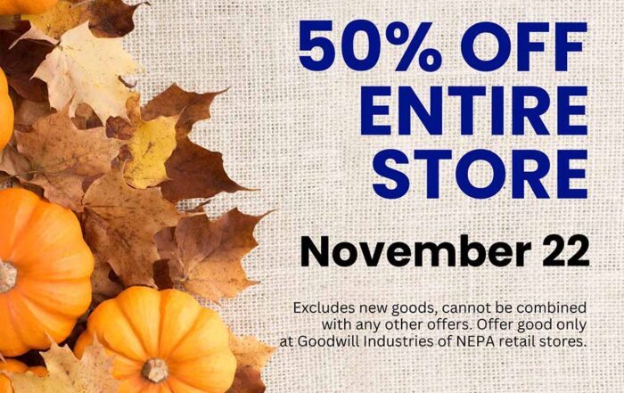 Image promoting Blue Friday Sale which features 50% off the entire store (except new goods) on November 22