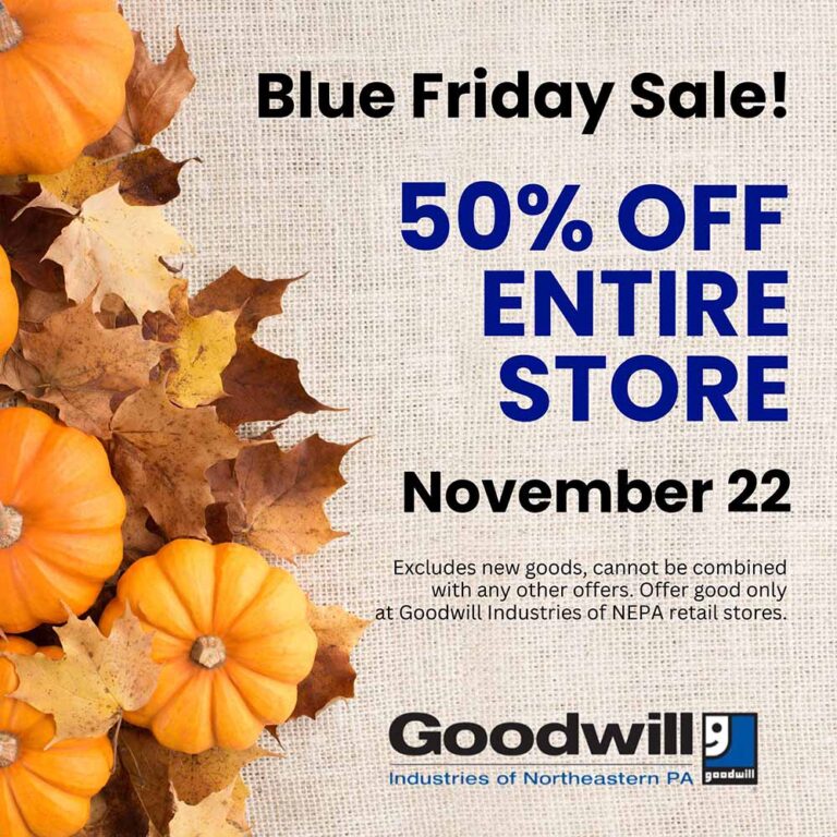 Image promoting Blue Friday Sale which features 50% off the entire store (except new goods) on November 22