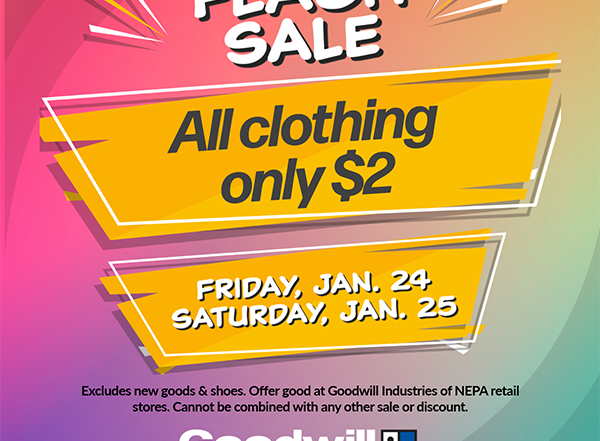 Image advertising Goodwill Industries of NEPA Flash Sale featuring all clothing at a price of $2