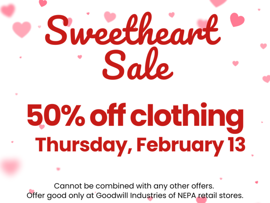 Graphic announcing Sweetheart Sale which features 50% off clothing on February 13, 2025