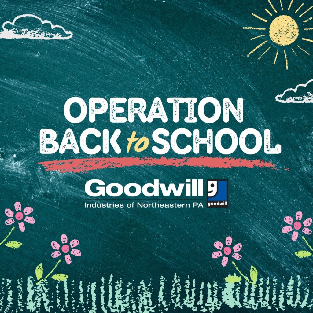 Chalkboard graphic with the text Operation Back to School with the Goodwill logo