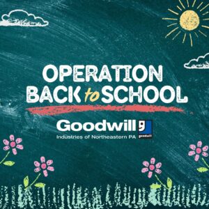 Chalkboard graphic with the text Operation Back to School with the Goodwill logo