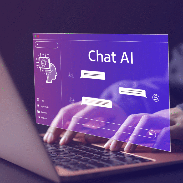 Image of a person typing on a laptop with the text chat ai