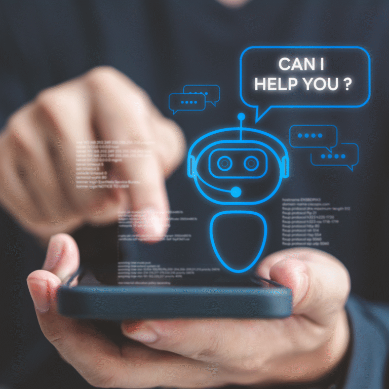 Image of a person using a smart phone with a chat bot