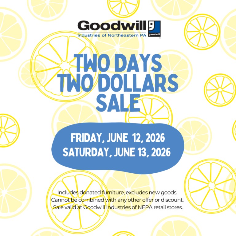 Promotional image with text announcing Goodwill's Two Days Two Dollars Sale scheduled for June 12 and June 13, 2026